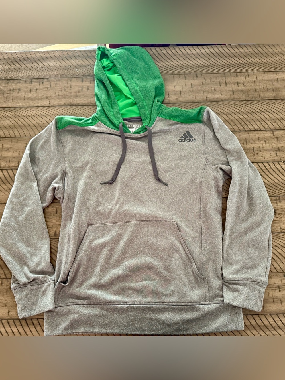 adidas Men's Gray Pullover Hoodie with Bright Green Hood Lining